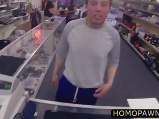 Hard core gay threesome in the shop